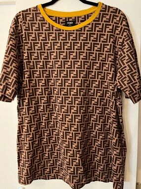 Fendi Brown Allover FF Logo Short Sleeve Tee with Yellow Neckline